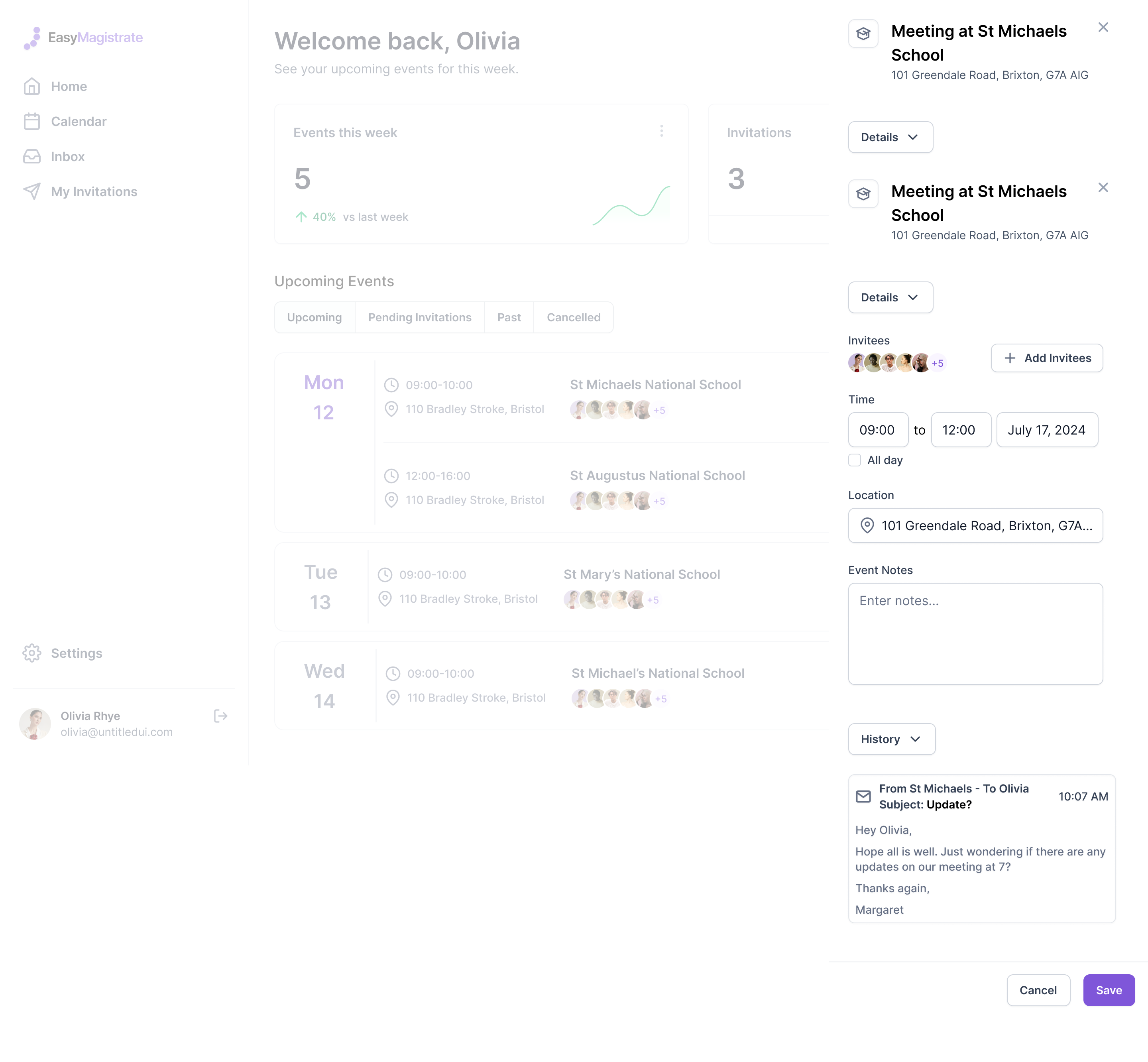 Dashboard with upcoming events, invitations, and event details