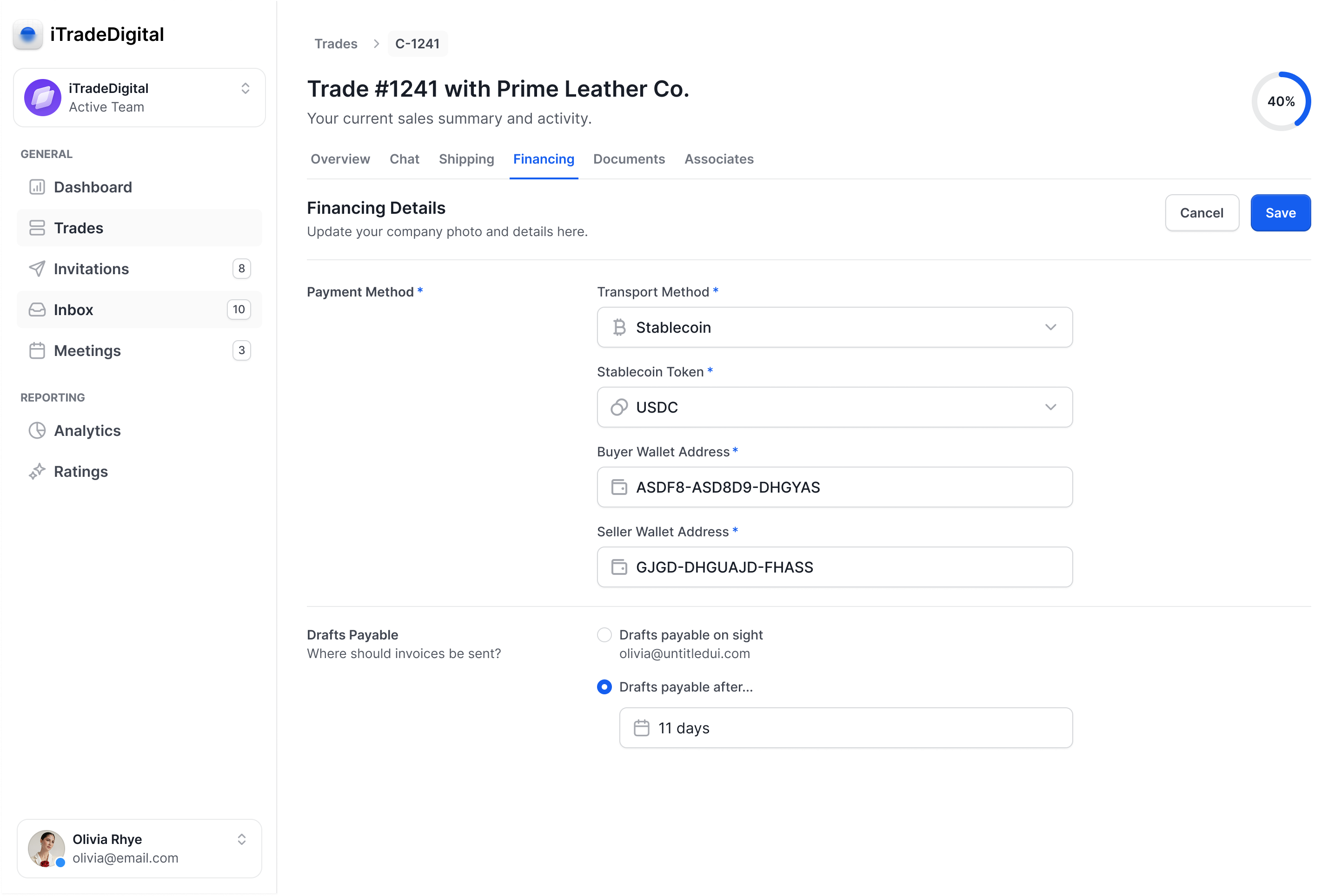 Financing details with stablecoin payment support