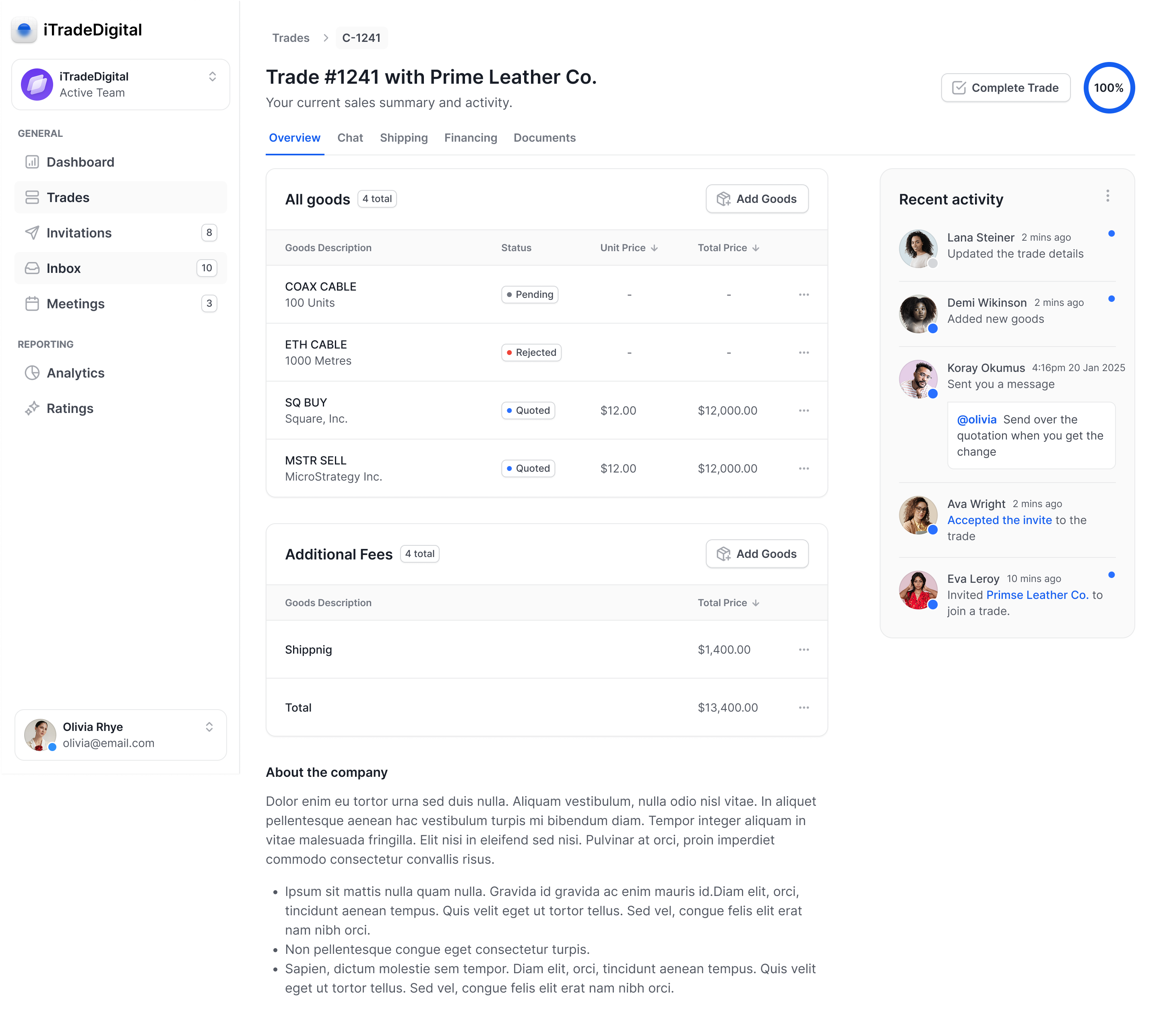 Trade detail view with goods tracking and activity feed