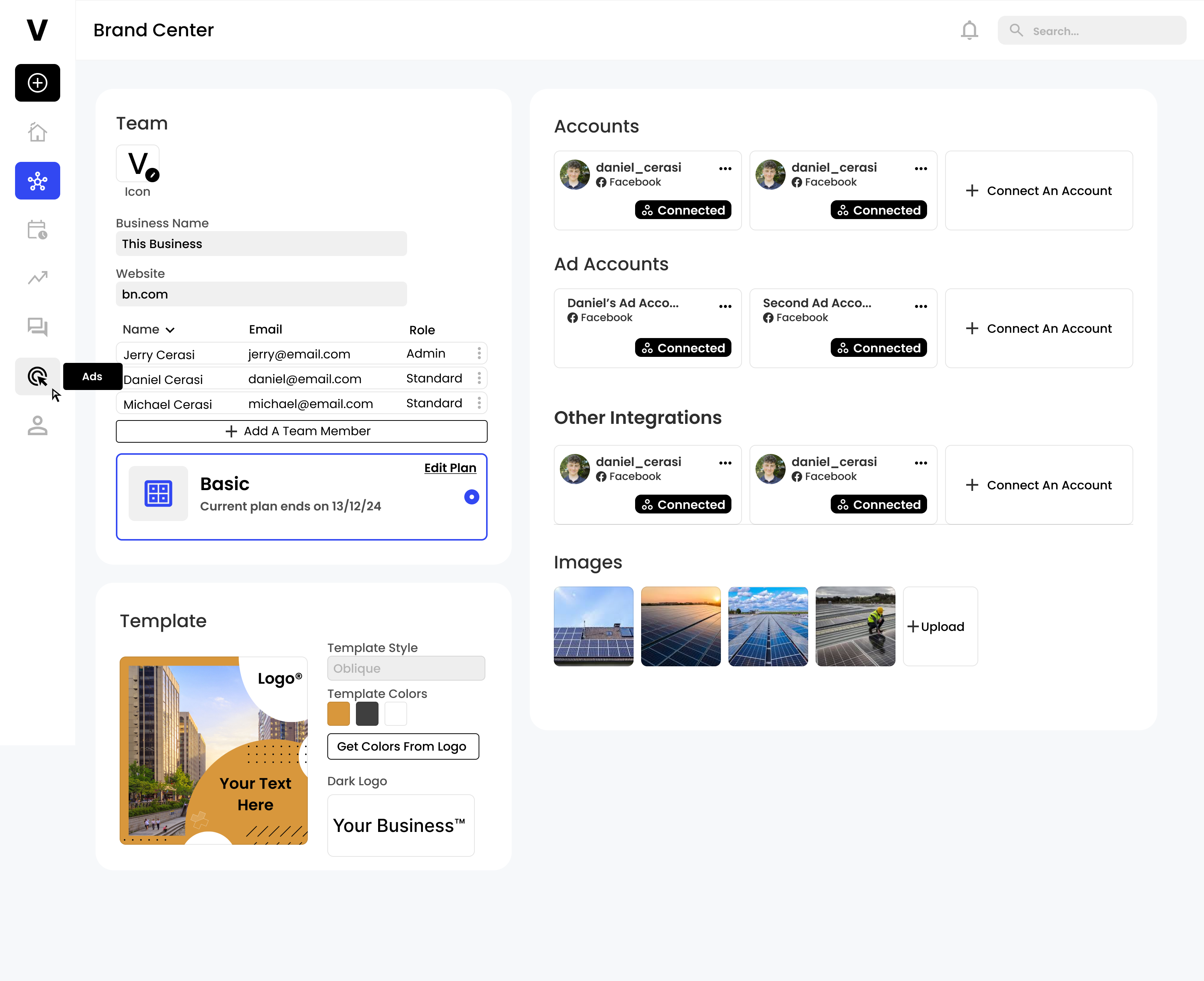 Brand Center — team, accounts, integrations, and templates