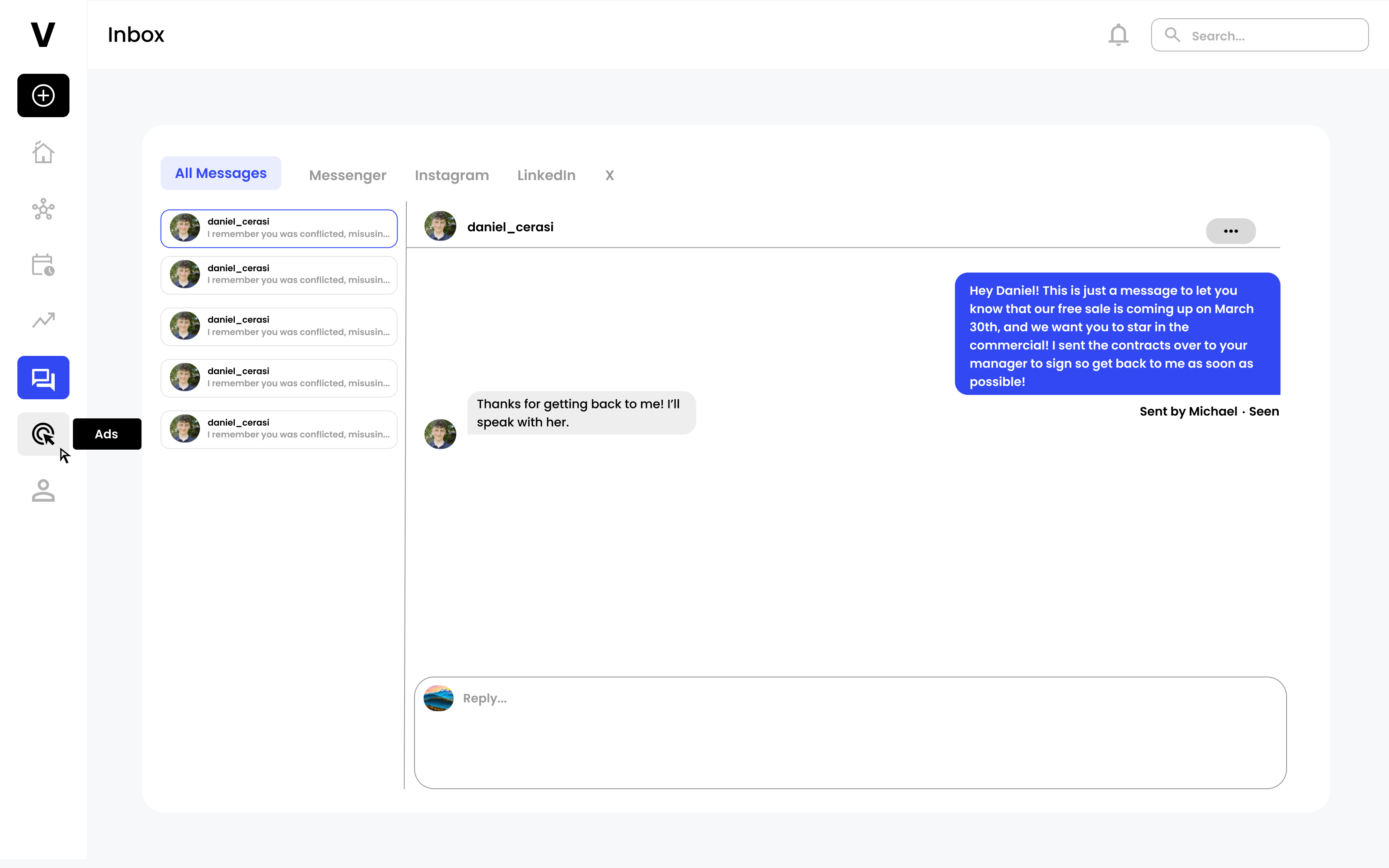 Unified inbox across Facebook, Instagram, LinkedIn, and X