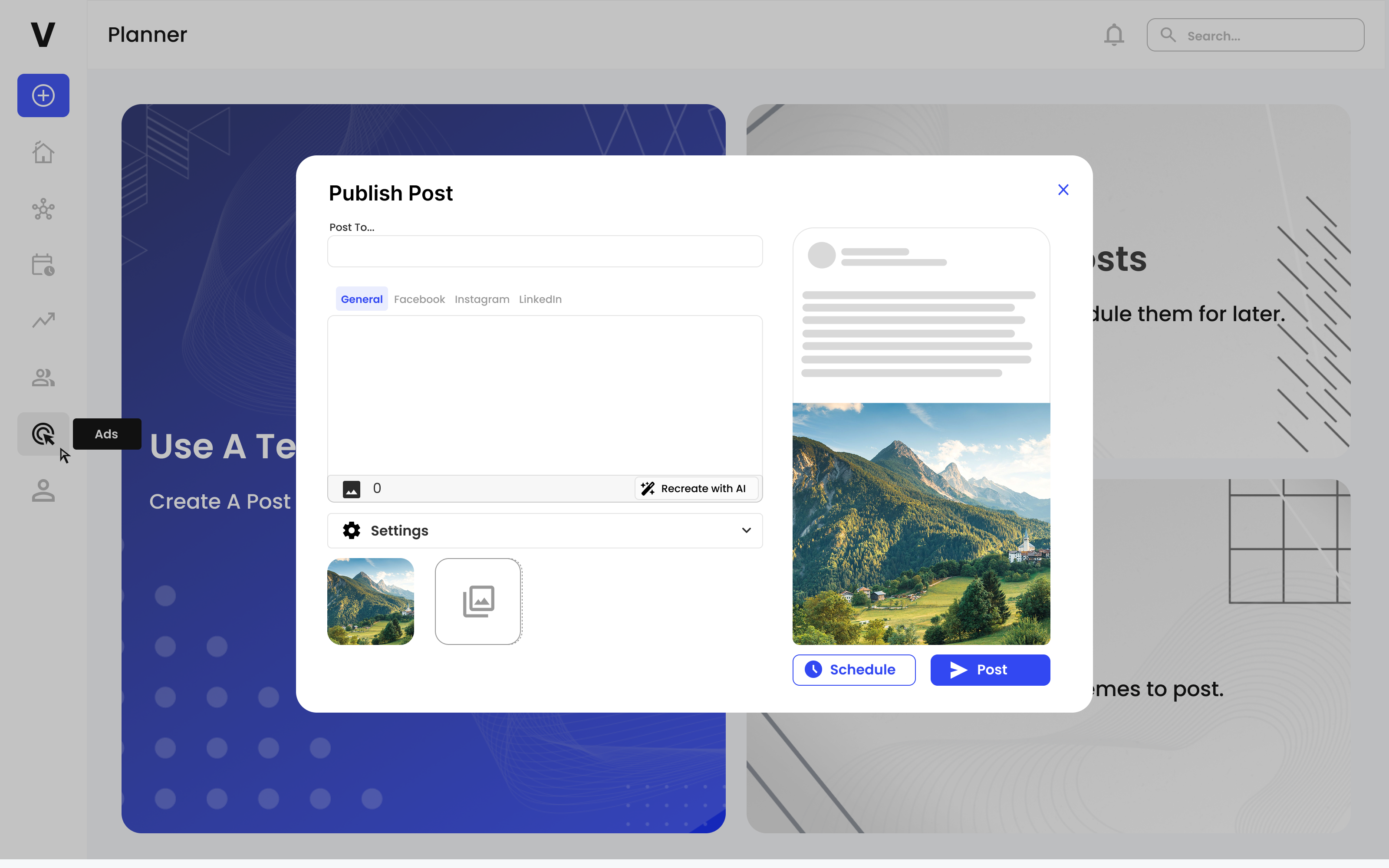 Post creation with AI-powered content generation and scheduling